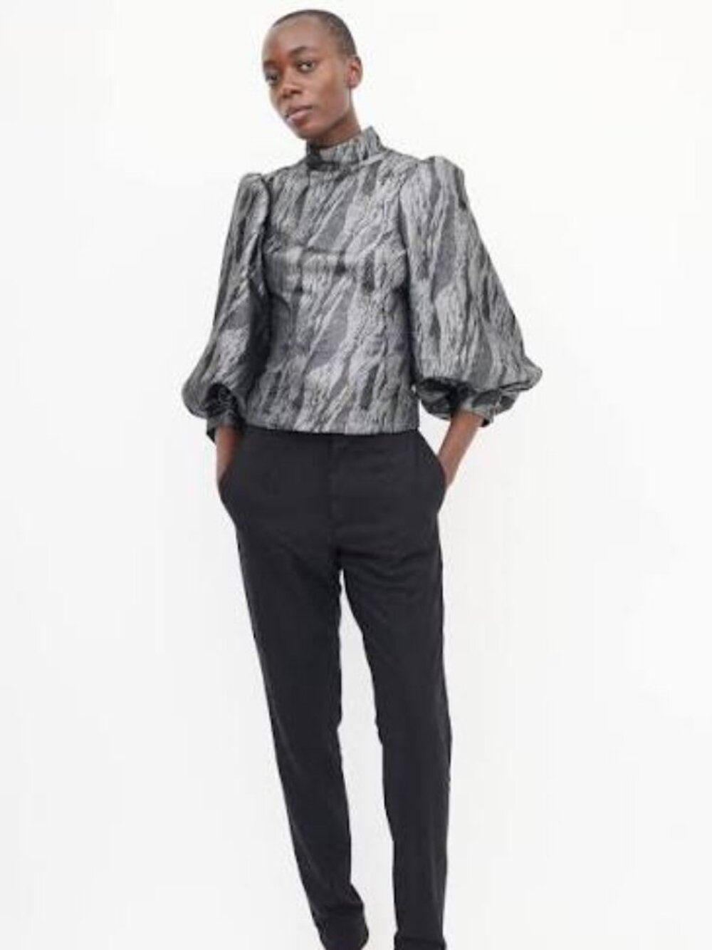 GANNI Gathered metallic jacquard blouse